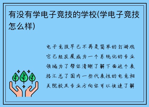 有没有学电子竞技的学校(学电子竞技怎么样)